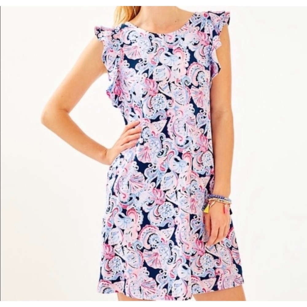 Lilly Pulitzer Dani Dress Womens XS Navy Pink High Tide Ruffle Shift Resort Wear
